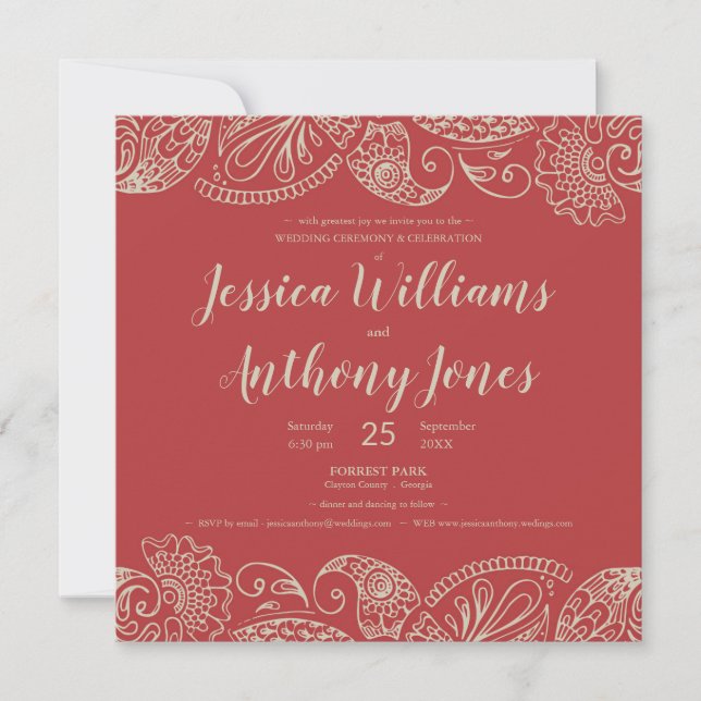 Red Rustic Bohemian Square Wedding Invitation Card (Front)