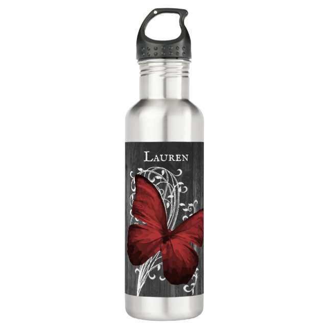 Red Rustic Butterfly Personalised 710 Ml Water Bottle (Front)