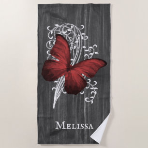 Red Rustic Butterfly Personalised Beach Towel