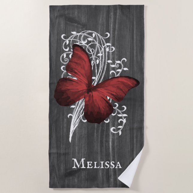 Red Rustic Butterfly Personalised Beach Towel (Front)
