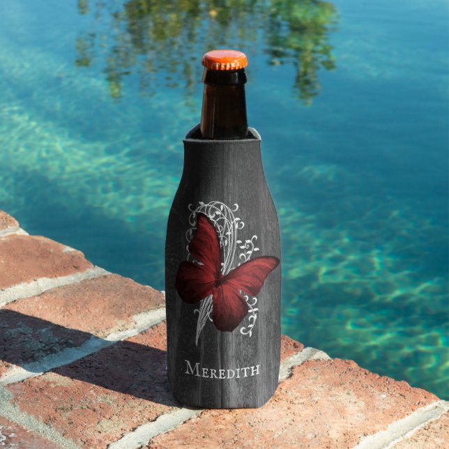 Red Rustic Butterfly Personalised Bottle Cooler (In Situ Pool)
