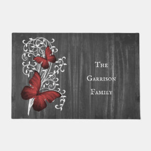 Red Rustic Butterfly Personalised Doormat