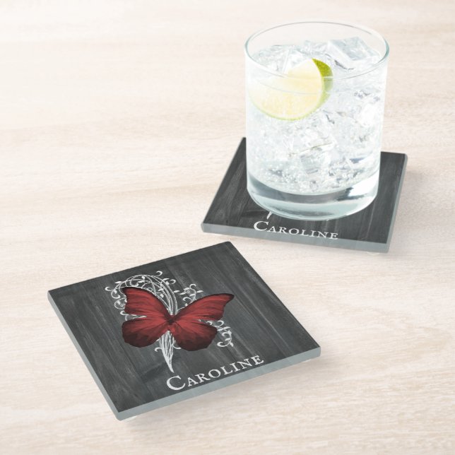Red Rustic Butterfly Personalised Glass Coaster (Angled)