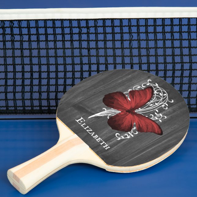 Red Rustic Butterfly Personalised Ping Pong Paddle (Insitu)