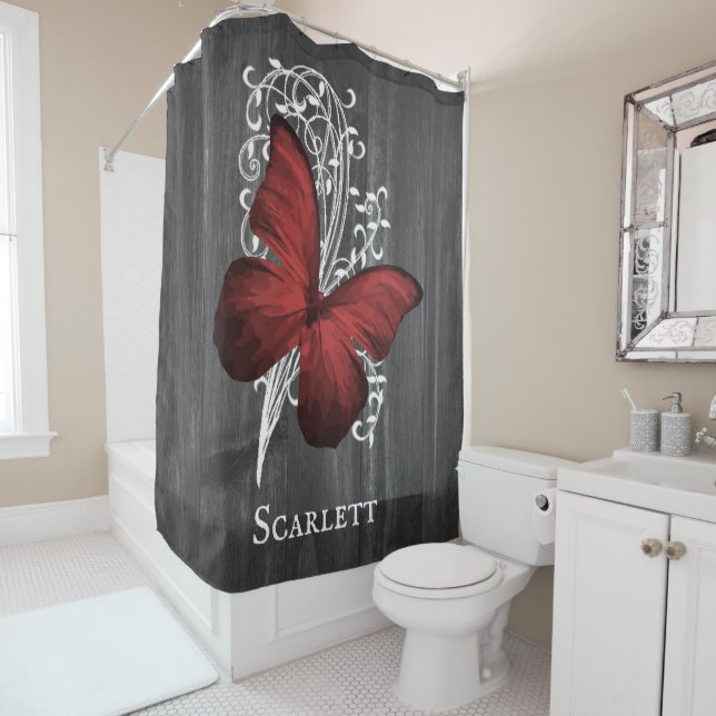Red Rustic Butterfly Personalised Shower Curtain (In Situ)