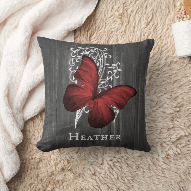 Red Rustic Butterfly Personalised Throw Pillow (Blanket)