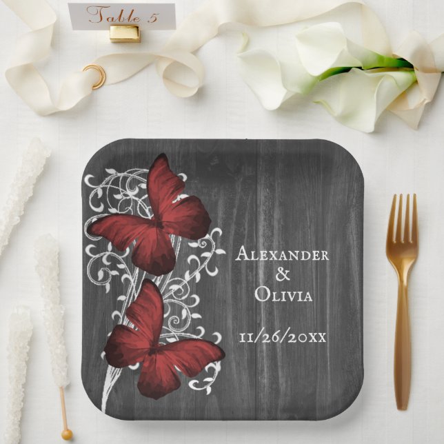 Red Rustic Butterfly Wedding Paper Plate (Wedding)