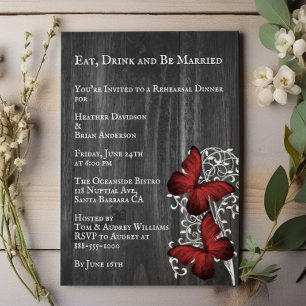 Red Rustic Butterfly Wedding Rehearsal Dinner Invitation