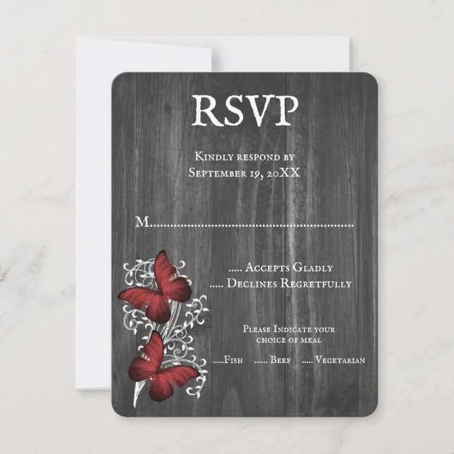 Red Rustic Butterfly Wedding RSVP Card (Front)