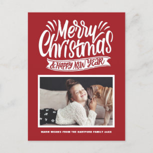 Red Rustic Calligraphy Merry Christmas Photo Holiday Postcard