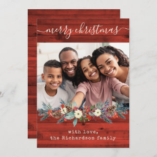 Red Rustic Christmas Greenery   Photo and Script Holiday Card
