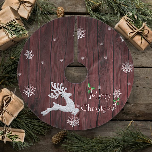 Red Rustic Christmas Reindeer Tree Skirt (Red Rustic Christmas Reindeer Holiday Tree Skirt)