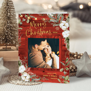 Red Rustic Christmas   Winter Floral and Photo Holiday Card