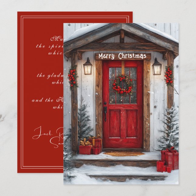 Red Rustic Country Door Wreath Presents Lights  Holiday Card (Front/Back)