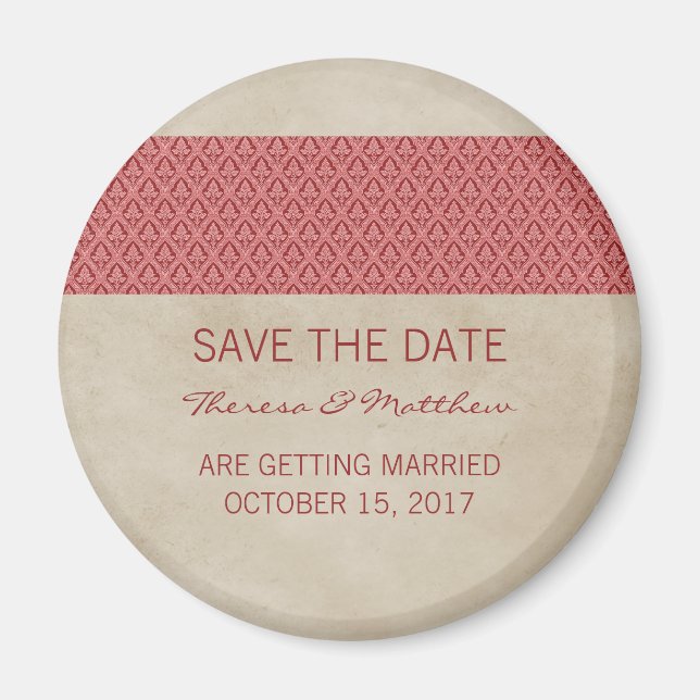 Red Rustic Damask Save the Date Magnet (Front)