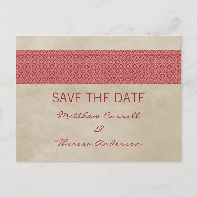 Red Rustic Damask Save the Date Postcard (Front)