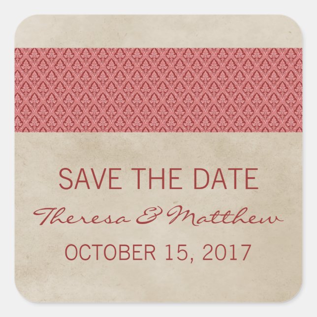 Red Rustic Damask Save the Date Stickers (Front)