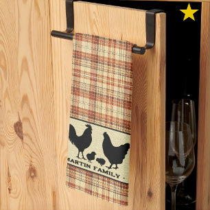 Red Rustic Farmhouse Plaid Chicken Family Name Tea Towel