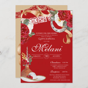 Red Rustic Floral Charro Quinceanera Birthday Invitation