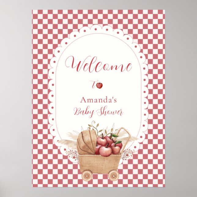 Red Rustic Gingham Boho Apple Baby Shower Welcome Poster (Front)