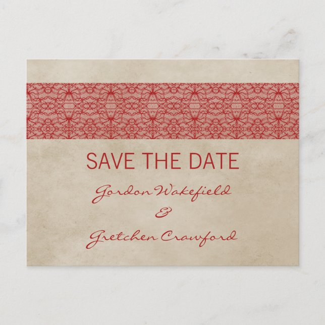 Red Rustic Lace Save the Date Postcard (Front)