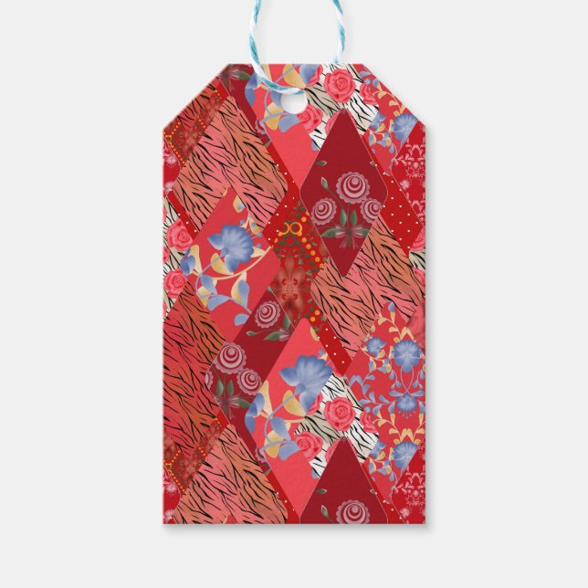 Red , rustic , patchwork gift tags (Front)