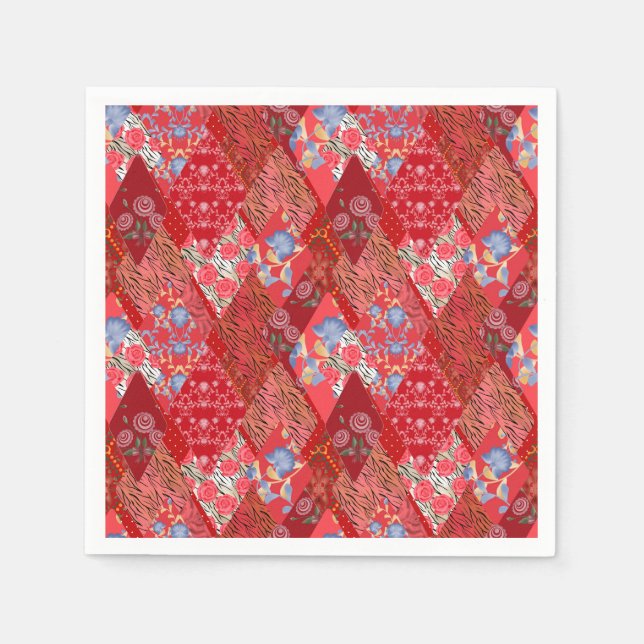 Red , rustic , patchwork napkin (Front)