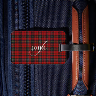 Red Rustic Plaid Chic Typography Monogrammed Luggage Tag