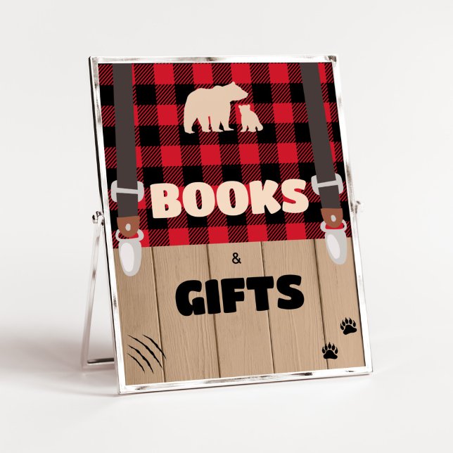 Red Rustic Plaid Lumberjack Books and Gifts Poster (Plaid Lumberjack Baby Shower Books and Gifts Sign)