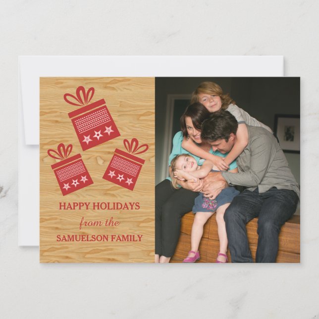 Red Rustic Presents Holiday Photo Flat Card (Front)