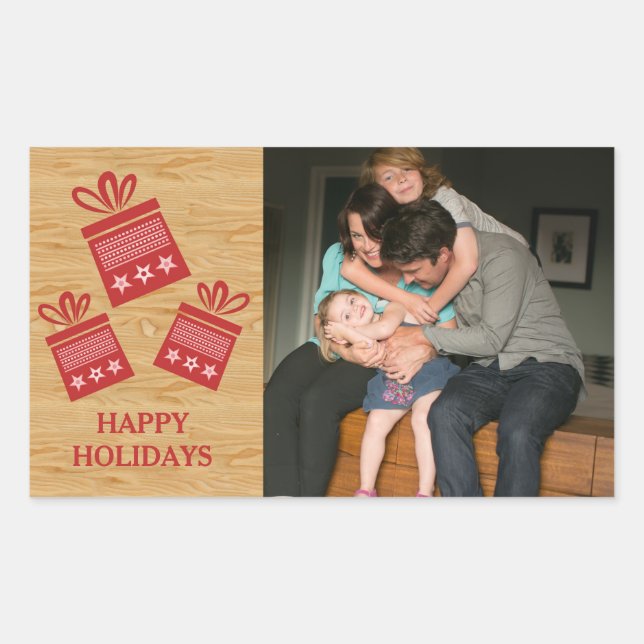 Red Rustic Presents Holiday Photo Stickers (Front)