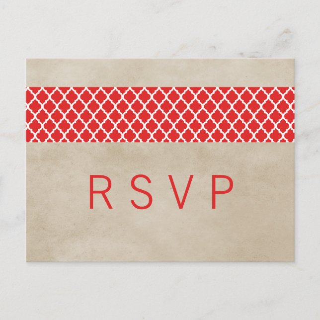 Red Rustic Quatrefoil RSVP Postcard (Front)