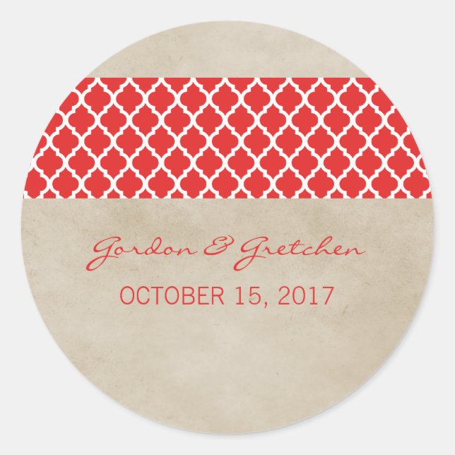 Red Rustic Quatrefoil Wedding Stickers (Front)