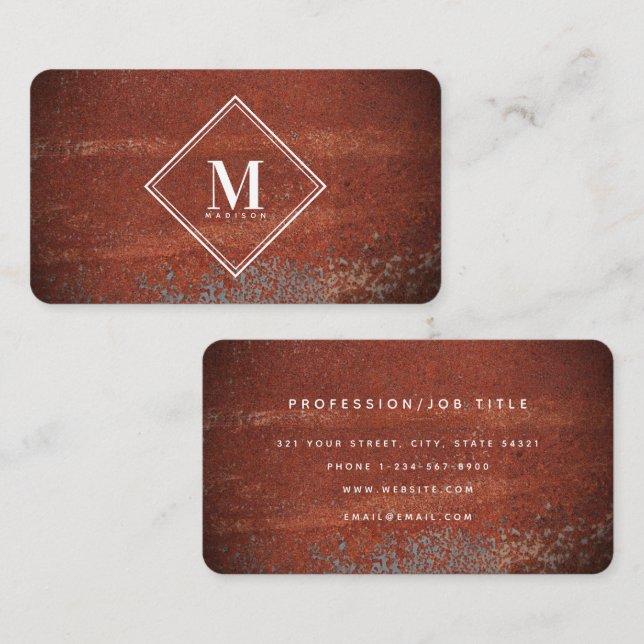 Red Rustic Rust Metallic Texture Monogram Initial Business Card (Front/Back)