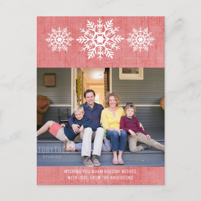 Red Rustic Snowflake Holiday Photo Postcard (Front)