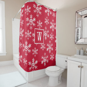 Red Rustic Snowflake Monogram Christmas Shower Curtain