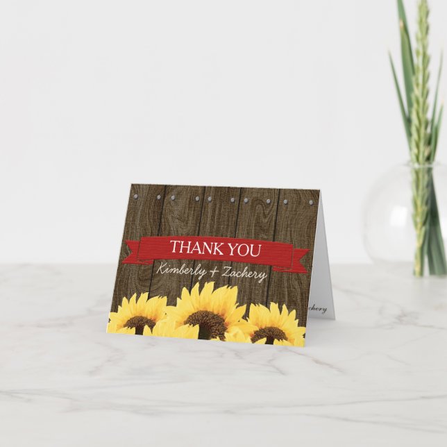 RED RUSTIC SUNFLOWER WEDDING THANK YOU CARD (Front)
