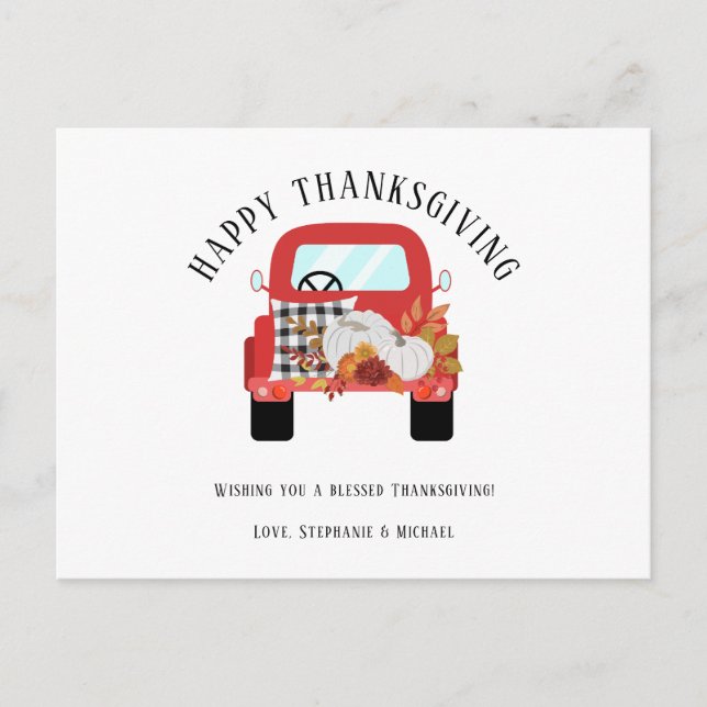 Red Rustic Truck Pumpkin Happy Thanksgiving Holiday Postcard (Front)