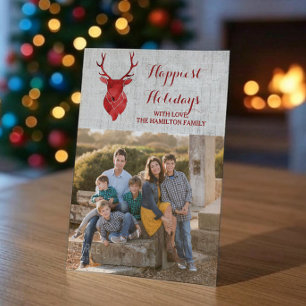 Red Rustic Watercolor Deer Holiday Photo Flat Card