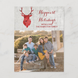 Red Rustic Watercolor Deer Holiday Photo Postcard