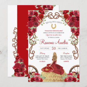 Red Rustic Western Floral Charro Quinceanera  Invitation