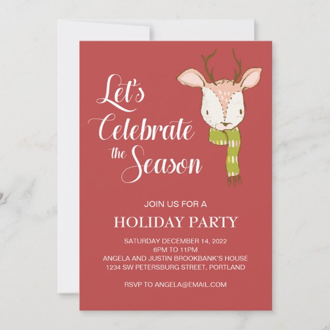 Red Rustic Woodland Deer with Scarf Holiday Party Invitation (Front)
