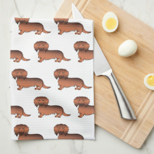 Red Sable Long Hair Dachshund Cartoon Dog Pattern Tea Towel