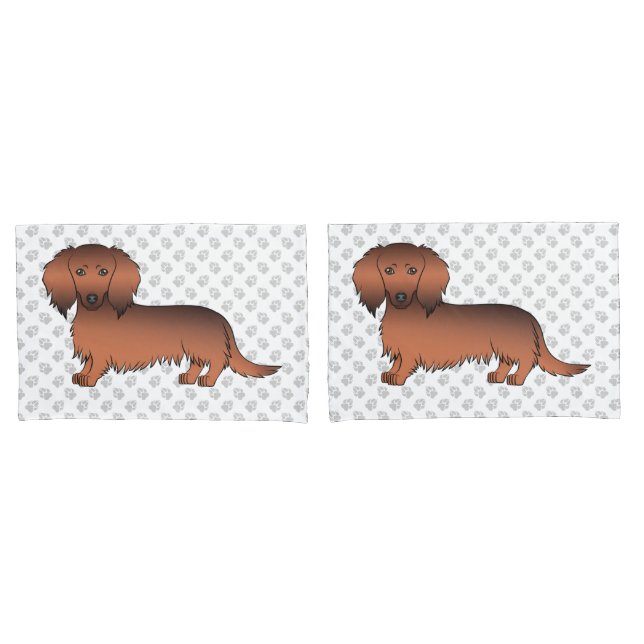 Red Sable Long Hair Dachshund Cartoon Dog & Paws Pillowcase (Front-Set)