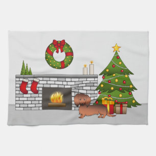 Red Sable Long Hair Dachshund Dog - Christmas Room Tea Towel
