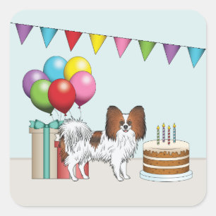Red Sable Papillon Cartoon Dog Colourful Birthday Square Sticker