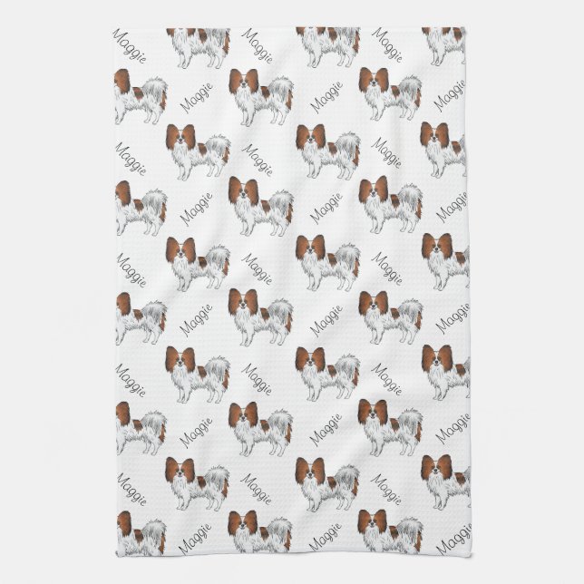 Red Sable Papillon Cartoon Dog Pattern With Name Tea Towel (Vertical)