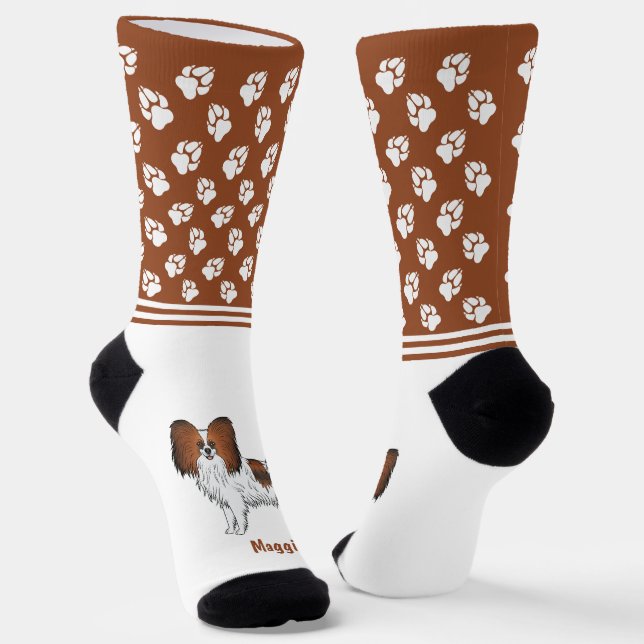 Red Sable Papillon Cartoon Dog With Name And Paws Socks (Angled)