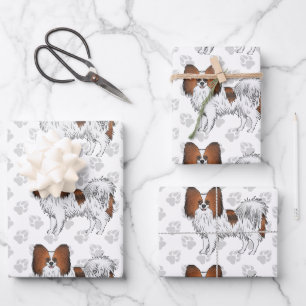 Red Sable Papillon Cartoon Dogs With Paws Wrapping Paper Sheet