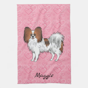 Red Sable Papillon Cute Cartoon Dog On Pink Hearts Tea Towel